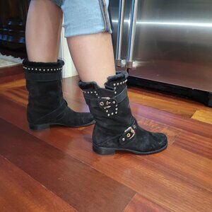 Stuart Weitzman Women's Studded Suede & Fur Bootie Nero Black Color Size 7M